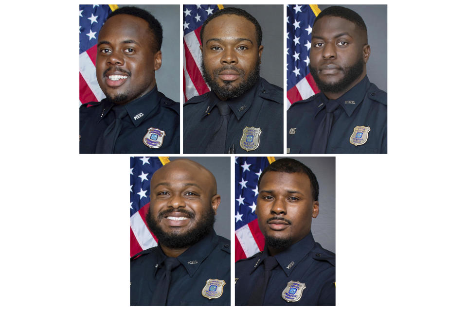 This combination of images provided by the Memphis, Tenn., Police Department shows, from top row from left, Police Officers Tadarrius Bean, Demetrius Haley, Emmitt Martin III, bottom row from left, Desmond Mills, Jr. and Justin Smith. / Credit: Memphis Police Department via AP