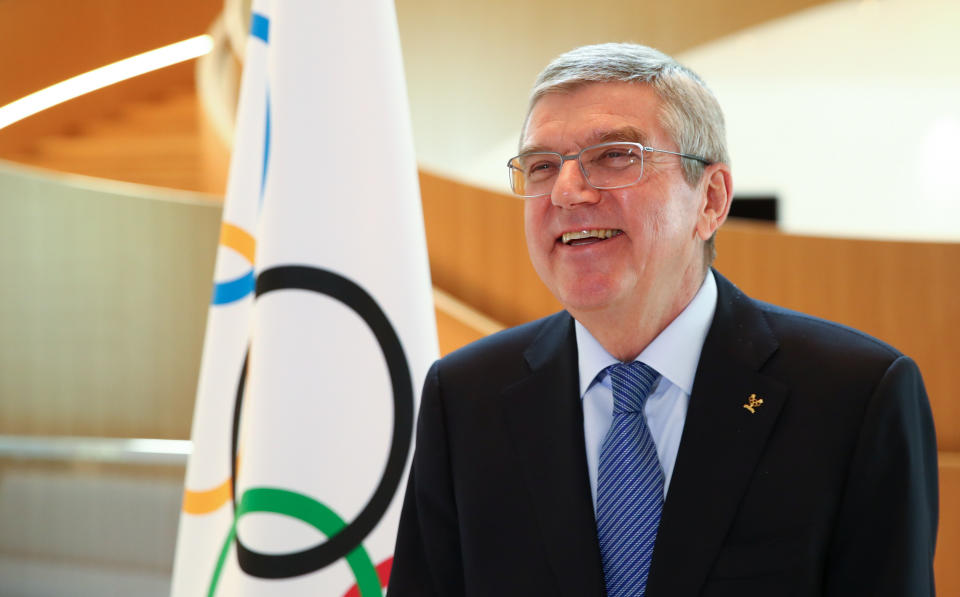 Thomas Bach, president of the International Olympic Committee (IOC), attends an interview after the decision to postpone the Tokyo 2020 Olympic Games because of the coronavirus disease (COVID-19) outbreak, in Lausanne, Switzerland, on Wednesday, March 25, 2020. (Denis Balibouse/Keystone via AP)