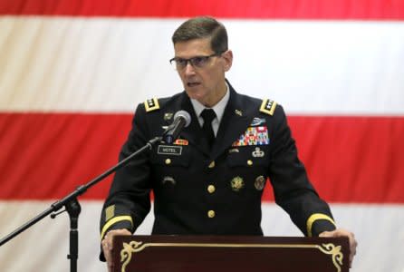 General Joseph L. Votel, Commander of United States Central Command (CENTCOM) speaks during the Change of Command U.S. Naval Forces Central Command 5th Fleet Combined Maritime Forces ceremony at the U.S. Naval Base in Bahrain, May 6, 2018. REUTERS/Hamad I Mohammed