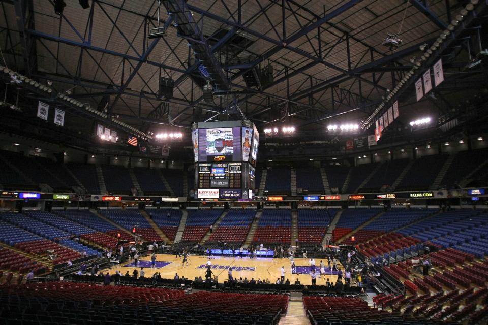 A look inside the Sleep Train Arena, where the Sacramento Kings used to play. The facility is being converted into an alternative care facility to help treat the expected surge of coronavirus cases.