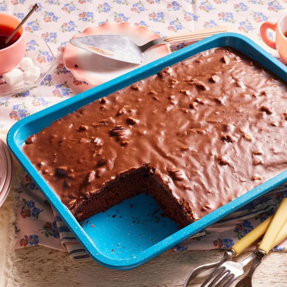 chocolate wacky cake in blue baking pan
