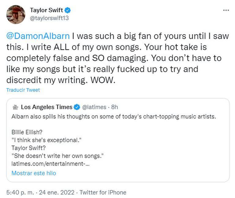 El tuit de Taylor Swift en respuesta a los dichos de Albarn.