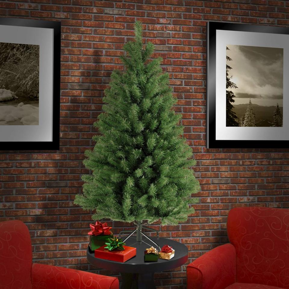 mini artificial tree on side table between red chairs