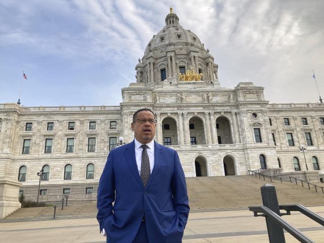 Minnesota Attorney General Keith Ellison stands outside the State Capitol in St. Paul, on Thursday, May 18, 2023, for an interview with The Associated Press on his new book, "Break the Wheel: Ending the Cycle of Police Violence," will be released Tuesday, May 23, 2023. Minnesota prosecutors were so worried a judge would move the murder trial of former Officer Derek Chauvin out of the city where he killed George Floyd that they conducted a mock trial in a deep red rural county to test their strategy, Ellison reveals in the new book. (AP Photo/Steve Karnowski)