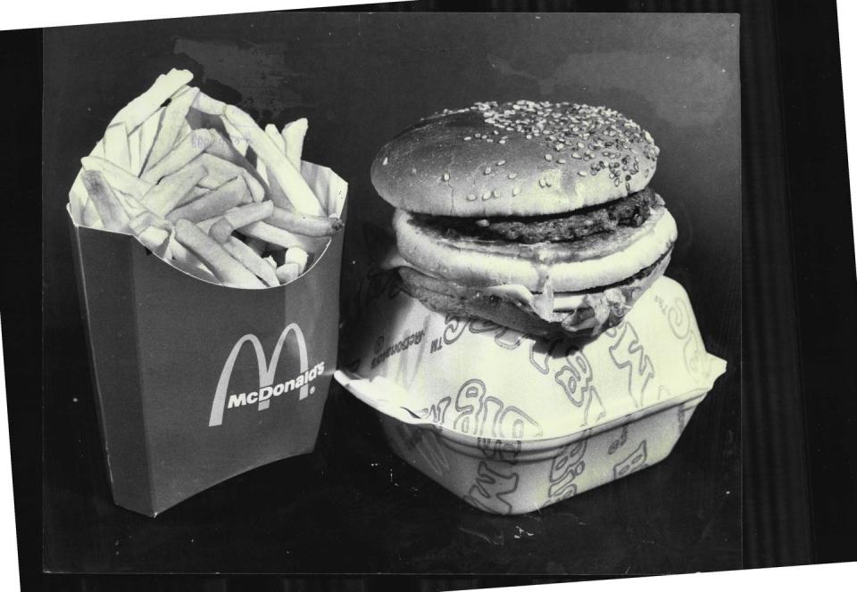 <p>Here's what a McDonald's Big Mac and large fries looked like in the late '70s—all of which would set you back only $1.50.</p>