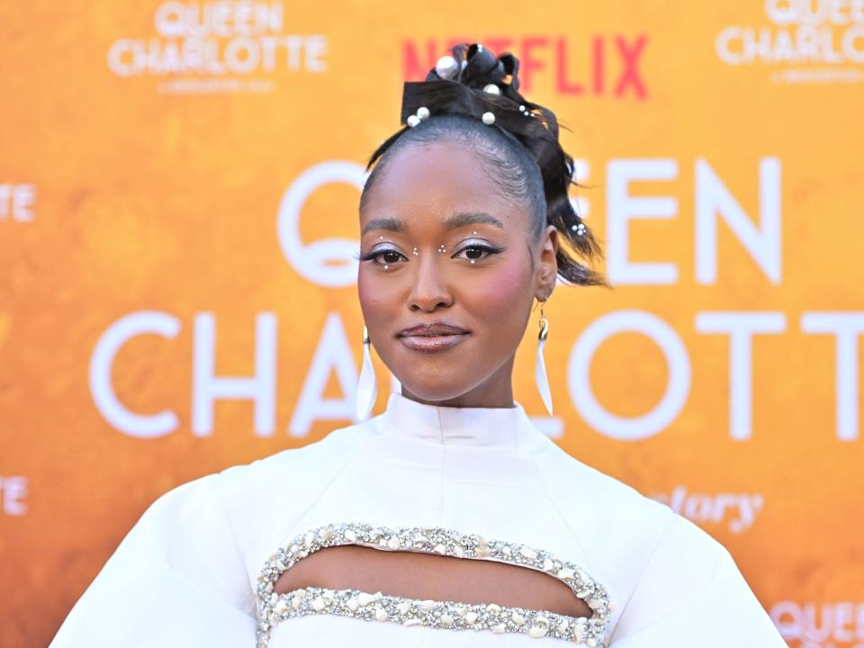 Arsema Thomas attends Netflix's Queen Charlotte: A Bridgerton Story World Premiere at Regency Village Theatre on April 26, 2023 in Los Angeles, California.