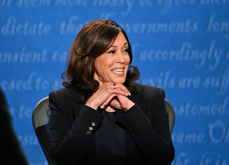 Sen. Kamala Harris (Calif.), the Democratic vice presidential nominee, debated Vice President Mike Pence at the University of Utah on Wednesday night. Throughout the debate, Pence talked for longer than his allotted time and talked over Harris.  (Photo: Photo by ROBYN BECK/AFP via Getty Images)