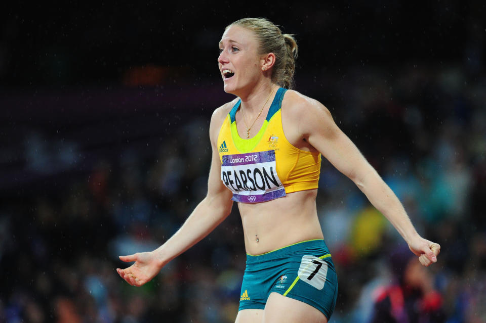 LONDON, ENGLAND - AUGUST 07: Sally Pearson of Australia celebrates after winning the gold medal in the Women's 100m Hurdles Final on Day 11 of the London 2012 Olympic Games at Olympic Stadium on August 7, 2012 in London, England. (Photo by Stu Forster/Getty Images)