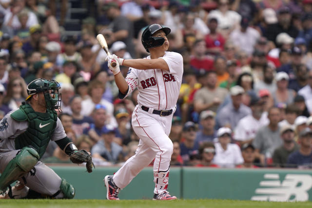 Red Sox pitcher Daisuke Matsuzaka, of Japan, reacts to a fielding