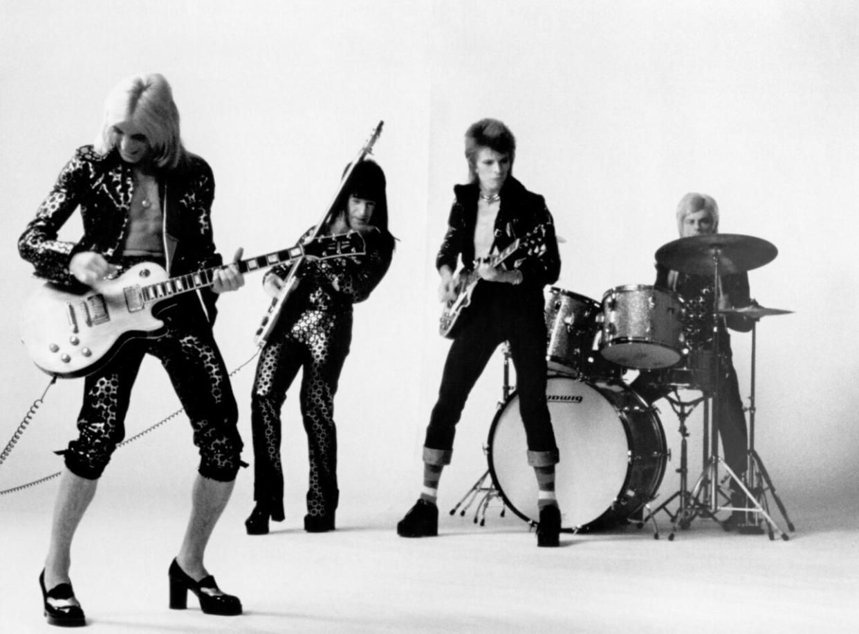 “What you <em>do</em> remember is the <em>brand</em>: the Spiders from Mars.” Guitarist Mick Ronson, bassist Trevor Bolder, David Bowie and drummer Mick Woodmansey of “Ziggy Stardust And The Spiders From Mars” in London, 1972. (Credit: Michael Ochs Archives via Getty Images)