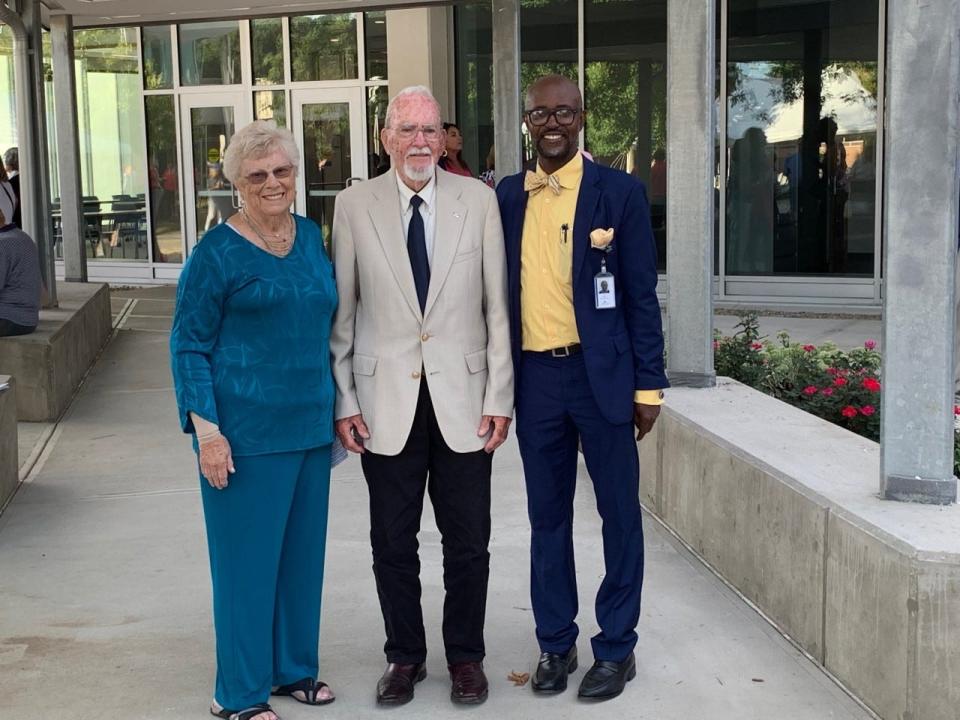 Monroe County Community College’s third president, Audrey Warrick (left), is pictured with MCCC's first president, Ron Campbell (center), and MCCC’s current president, Kojo Quartey, during ceremonies to dedicate the newly named and renovated Founders Hall (formerly the East-West Technical Buildings). Warrick served as president from 2000-03.