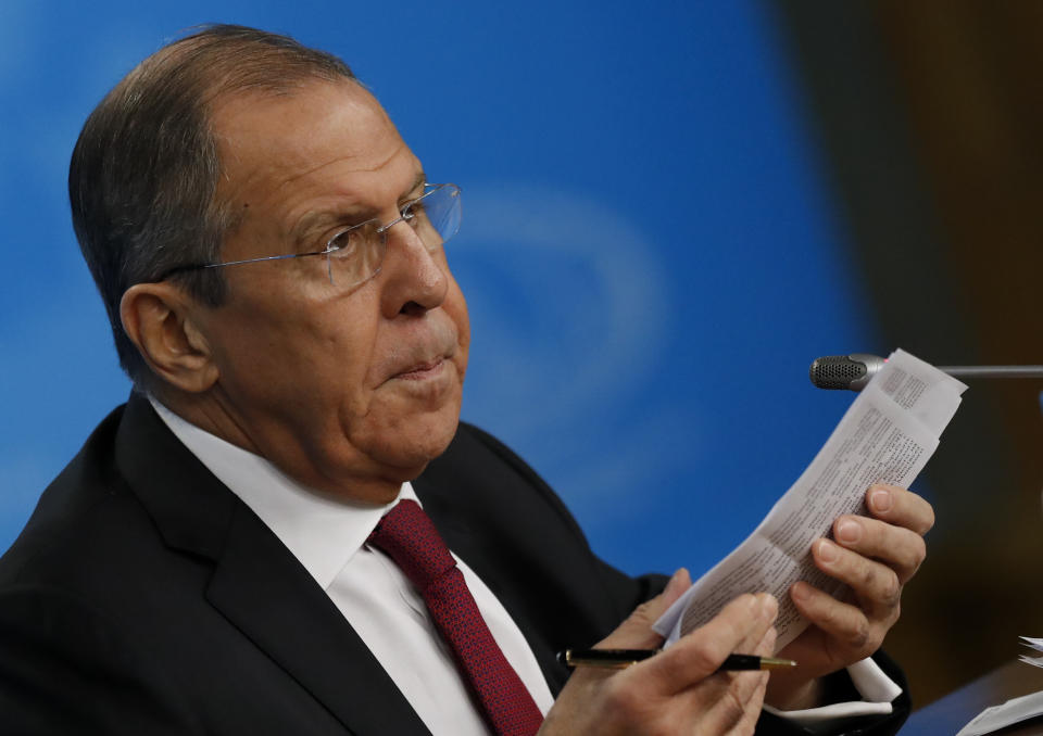 Russian Foreign Minister Sergey Lavrov speaks about his department's 2018 accomplishments during his annual roundup news conference in Moscow, Russia, Wednesday, Jan. 16, 2019. Lavrov reaffirmed that Russia would stand ready to develop ties with Britain and the EU irrespective of the outcome of talks on British departure from the EU. (AP Photo/Pavel Golovkin)