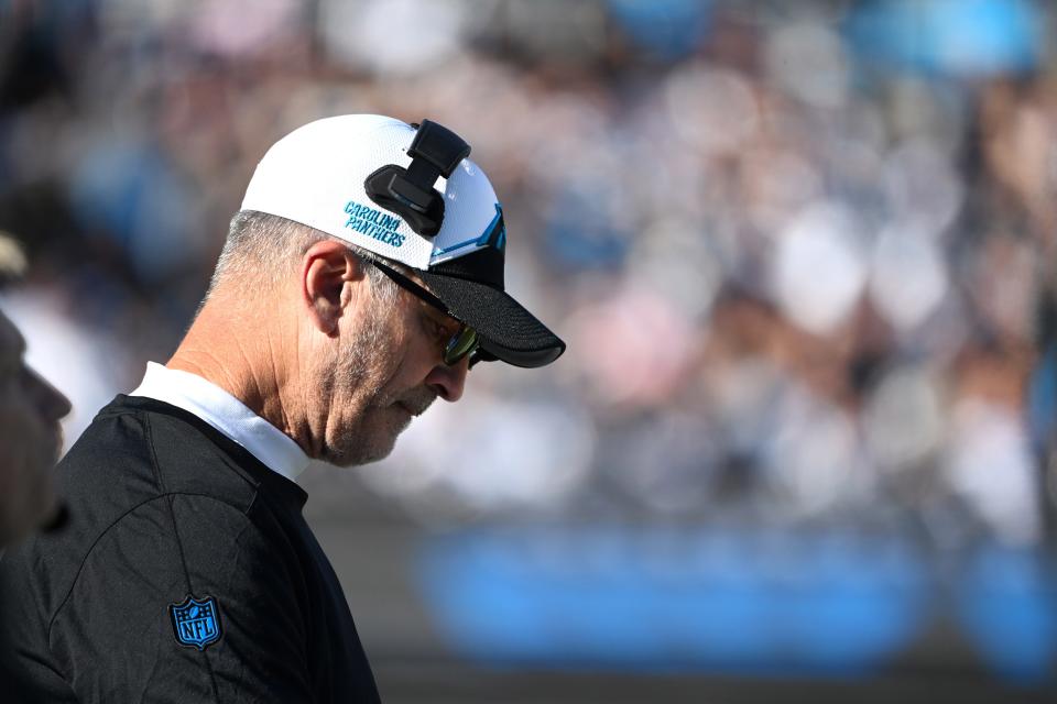 Panthers coach Frank Reich takes in the action during the second quarter at Bank of America Stadium in Charlotte, N.C., on Nov. 19, 2023.