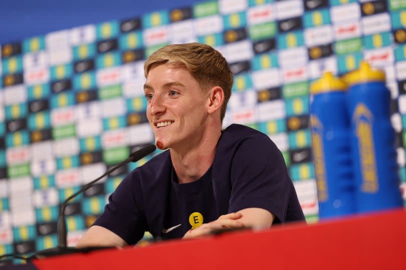 Anthony Gordon, bearing the scars of a bicycle accident two days ago, speaks during a press conference at the team's base camp in Blankenhain, Thuringia, on June 28, 2024 during the UEFA Euro 2024 European Football Championship.