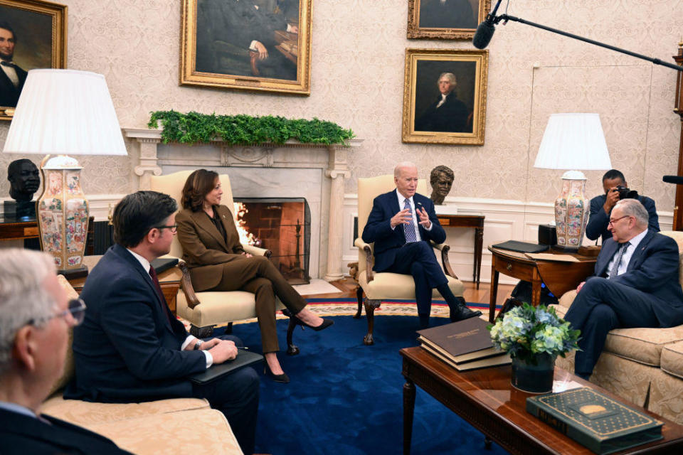 President Biden and Vice President Kamala Harris meet with congressional leaders at the White House on Feb. 27, 2024. / Credit: Roberto Schmidt / Getty Images