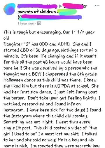 She shared a post to a Facebook group about how she discovered the child is non-binary. Photo: Facebook