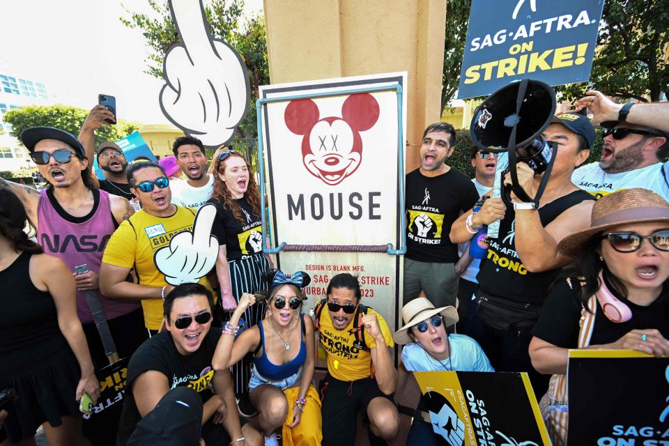 SAG-AFTRA members and supporters picket outside Disney Studios on day 95 of their strike against the Hollywood studios in Burbank, California on October 16, 2023.