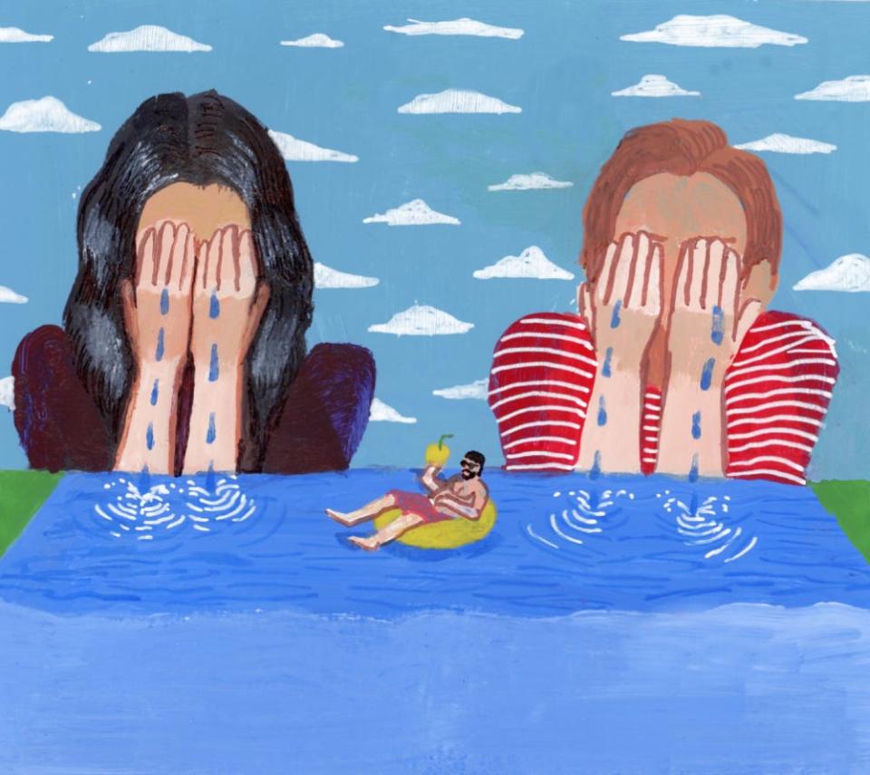Two people crying into a pool where a man is happily floating