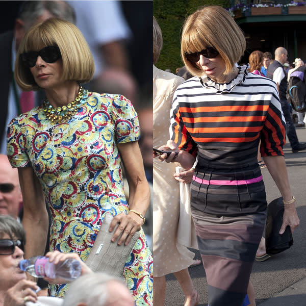 <b>Anna Wintour at Wimbledon 2010 (left) and 2011 (right) </b><br><br>The US Vogue editor is not one to put a foot wrong in the style stakes. She's gone for a bold patterned dress and statement necklace in 2010 - before wearing clashing stripes in 2011. Note the consistent structured bob and oversized sunnies, however...<br><br>© Rex