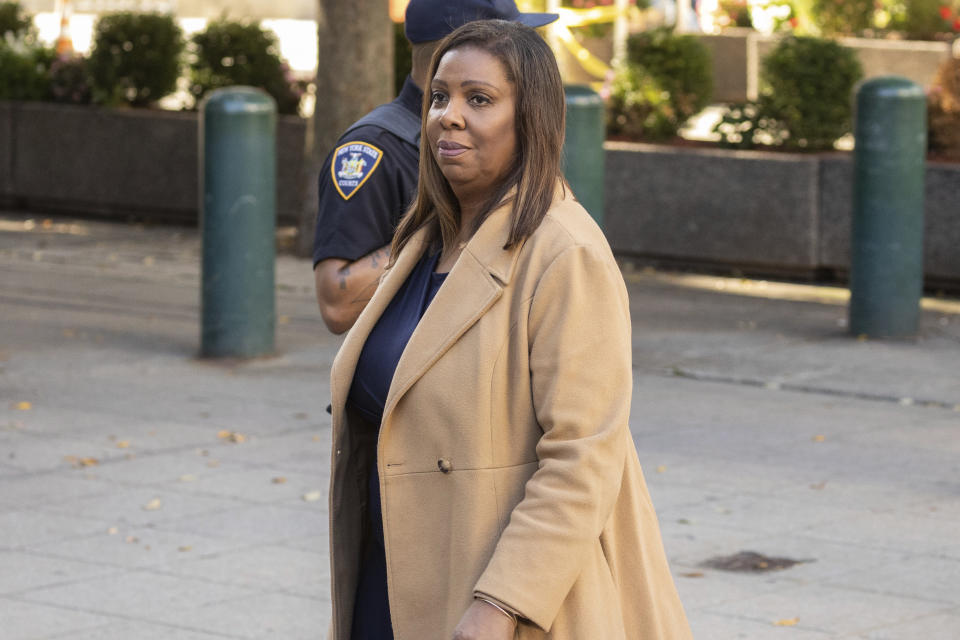 New York Attorney General Letitia James arrives at New York Supreme Court for former President Donald Trump's civil business fraud trial, Wednesday, Oct. 25, 2023, in New York. (AP Photo/Yuki Iwamura)