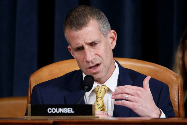 Republican legal counsel Castor questions former U.S. Special Representative for Ukraine Volker at the House Intelligence Committee hearing on Trump impeachment inquiry on Capitol Hill in Washington