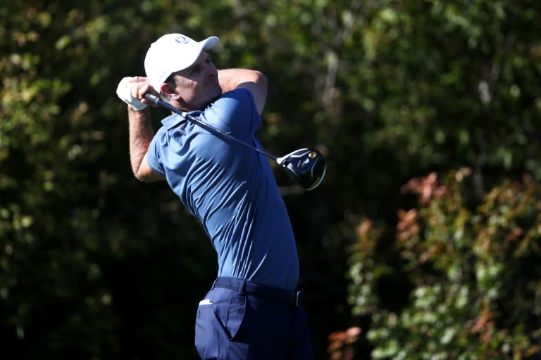 Justin Rose of Team Europe hits off the tenth tee during afternoon foursomes matches of the 2016 Ryder Cup, at Hazeltine National Golf Club in Chaska, Minnesota, on September 30, 2016