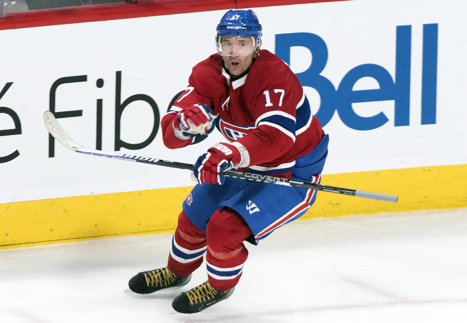 Montreal Canadiens' Ilya Kovalchuk celebrates after scoring during overtime period NHL hockey game action against the Toronto Maple Leafs in Montreal, Saturday, Feb. 8, 2020. (Graham Hughes/The Canadian Press via AP)