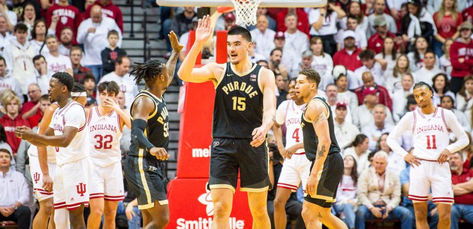 Purdue's Zach Edey (15) and Lance Jones (55) celebrate in the first half of the Indiana versus Purdue men's basketball game at Simon Skjodt Assembly Hall on Tuesday, Jan. 16, 2024.