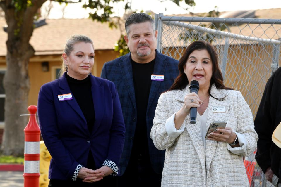 Camarillo Mayor Susan Santangelo, right, is joined by Miracle League of the 805 co-founders Rick and Jodie Peña during Wednesday's groundbreaking ceremony for a ball field at Freedom Park.