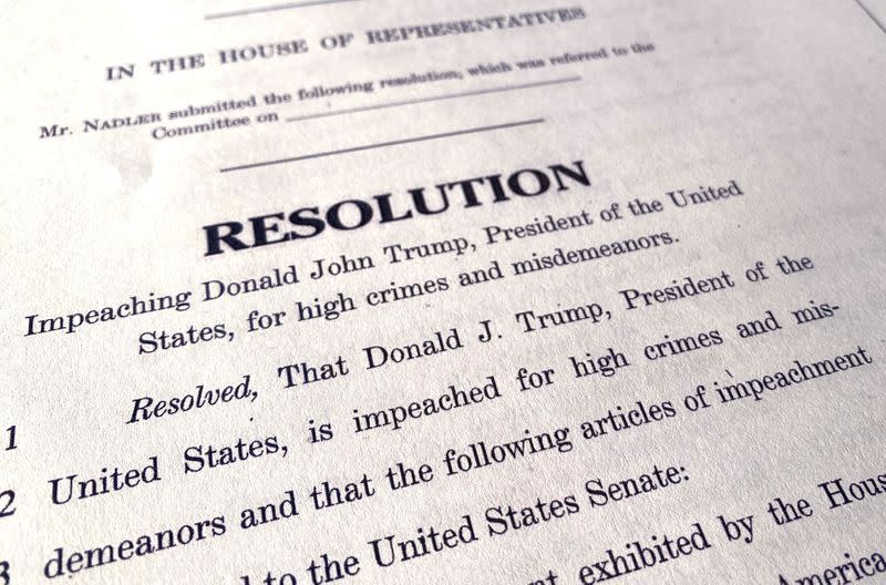 A draft of the Democrats House of Representatives articles of impeachment are seen after their release in Washington