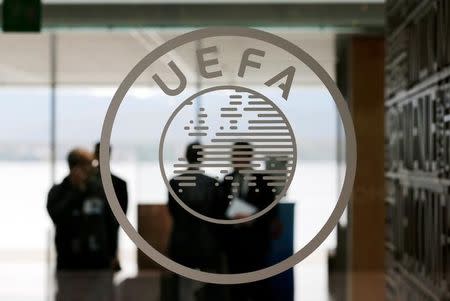 A logo is pictured on UEFA headquarters in Nyon, Switzerland, April 15, 2016. REUTERS/Denis Balibouse