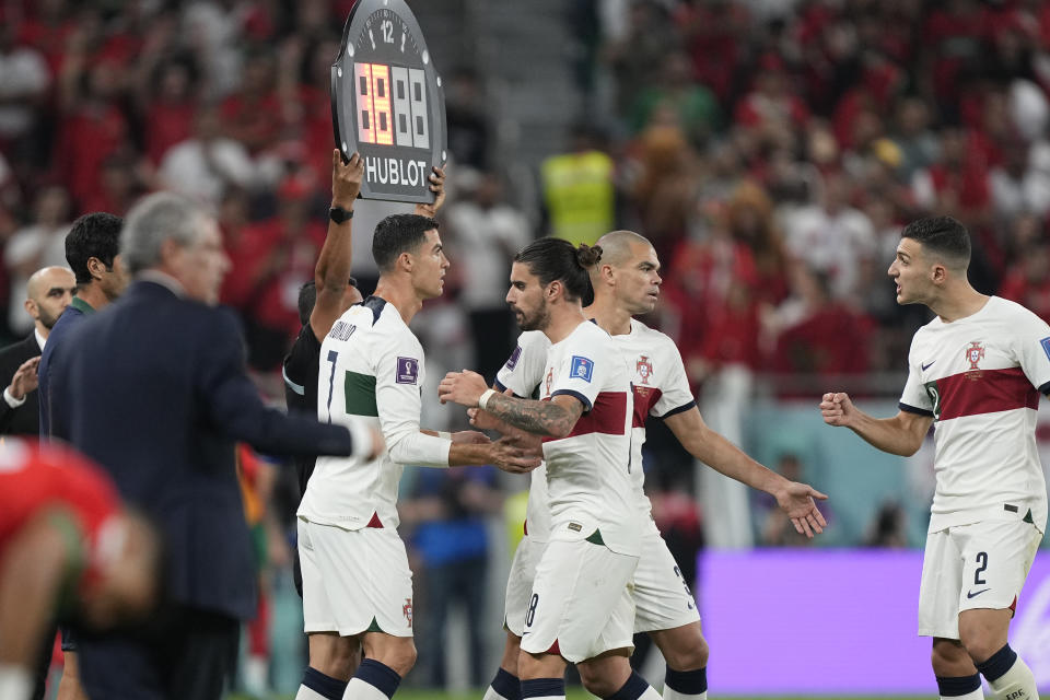 Portugal's Cristiano Ronaldo enters the pitch during the World Cup quarterfinal soccer match between Morocco and Portugal, at Al Thumama Stadium in Doha, Qatar, Saturday, Dec. 10, 2022. (AP Photo/Martin Meissner)