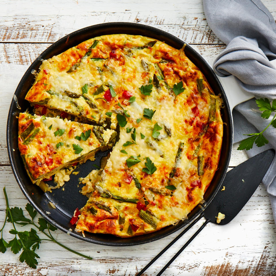 <p>Perfect for a spring brunch or light supper, this Italian omelet is baked so it is easy to serve to a group.</p> <p> <a href="https://www.eatingwell.com/recipe/251622/baked-asparagus-cheese-frittata/" rel="nofollow noopener" target="_blank" data-ylk="slk:View Recipe;elm:context_link;itc:0;sec:content-canvas" class="link ">View Recipe</a></p>