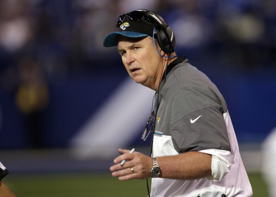 The Jacksonville Jaguars reportedly are hiring interim head coach Doug Marrone on a permanent basis. (AP)