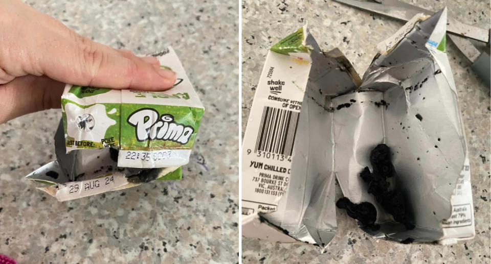 The top of the juice box (left) and the black substance inside the box (right).