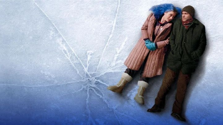 Kate Winslet and Jim Carrey as Clementine and Joel lying on a bed of cracked ice in Eternal Sunshine of the Spotless Mind.
