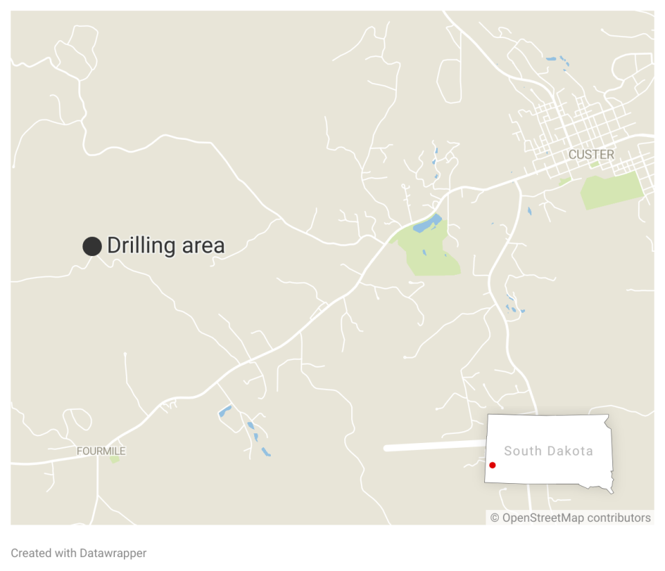 A map showing the general location of a planned F3 Gold exploratory drilling project west of Custer.