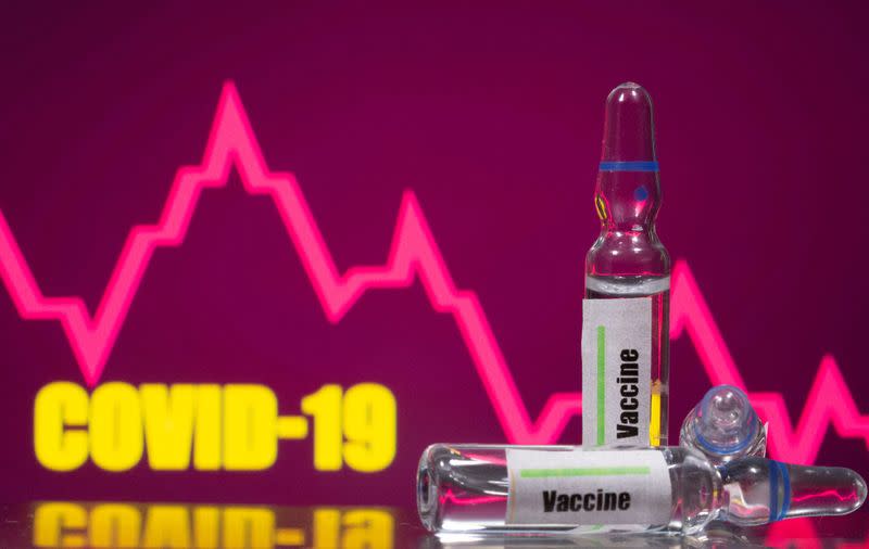 FILE PHOTO: A test tube labelled with the Vaccine is seen in front of Covid-19 and stock graph logo in this illustration taken