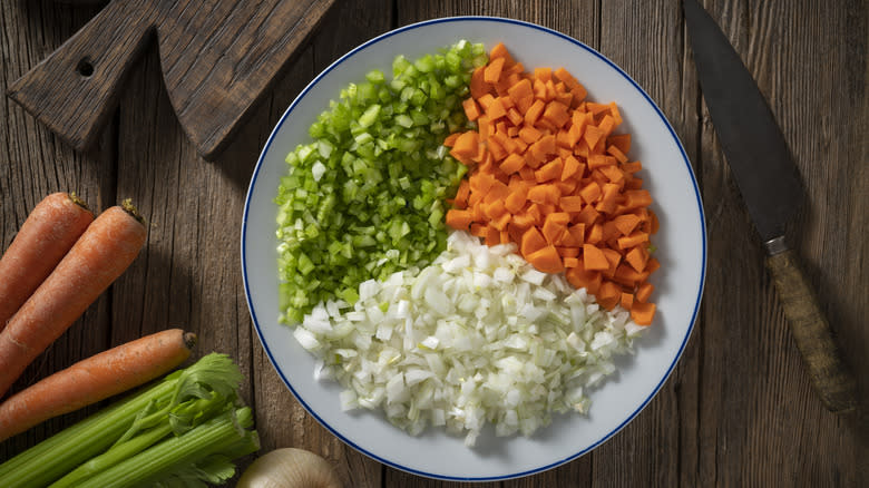 A plate of mirepoix ready to use