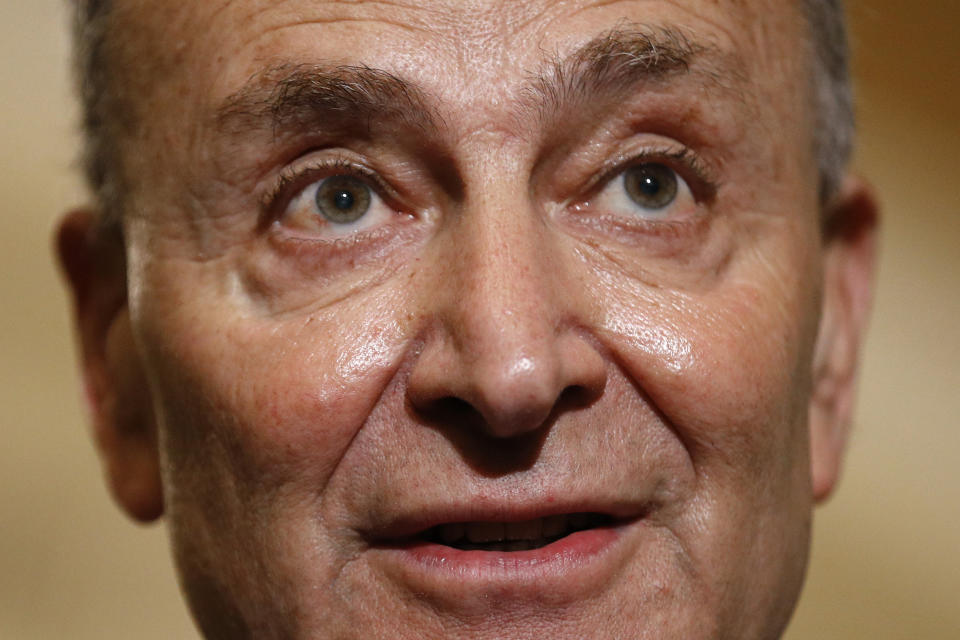 In this April 30, 2019, photo, Senate Minority Leader Sen. Chuck Schumer of N.Y. speaks to members of the media following a Senate policy luncheon on Capitol Hill in Washington. Senate Democrats are stinging from a trio of high-profile failures to recruit candidates who could help reclaim the majority, including Stacey Abrams’ announcement that she would pass up a U.S. Senate run in Georgia. That decision, announced Tuesday, was a blow to Schumer, who tried to woo Abrams to the campaign.(AP Photo/Patrick Semansky)