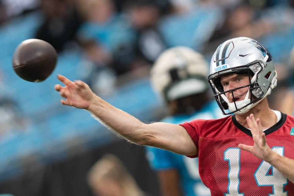 Carolina Panthers’ quarterback Sam Darnold (14) throws a pass during Fan Fest at Bank of America Stadium on Thursday, Aug. 11, 2022 in Charlotte, N.C.