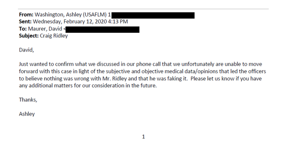 En un correo electrónico, un fiscal federal explica a la policía estatal por qué el Departamento de Justicia no presentará cargos por la muerte de Craig Ridley en una prisión de la Florida. Courtesy