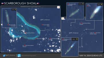 近期流出的衛星照片分別指出，中國在黃岩島附近海域部署大量的船艦，阻擋菲律賓船隻靠近。   圖：翻攝自 @MT_Anderson X 帳號