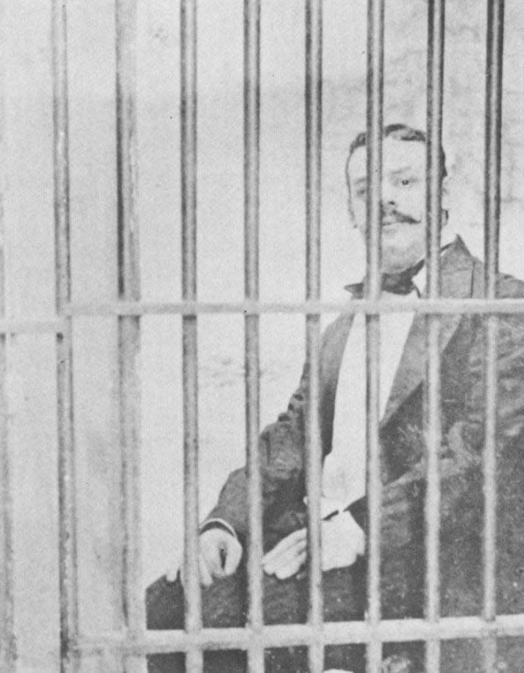 Abe Rothschild, the sole suspect in the 1877 shooting death of Diamond Bessie Moore, is pictured behind bars in this undated photograph. Rothschild was the oldest son of wealthy Cincinnati jeweler and banker Maier Rothschild, whose family was scandalized by the charges.