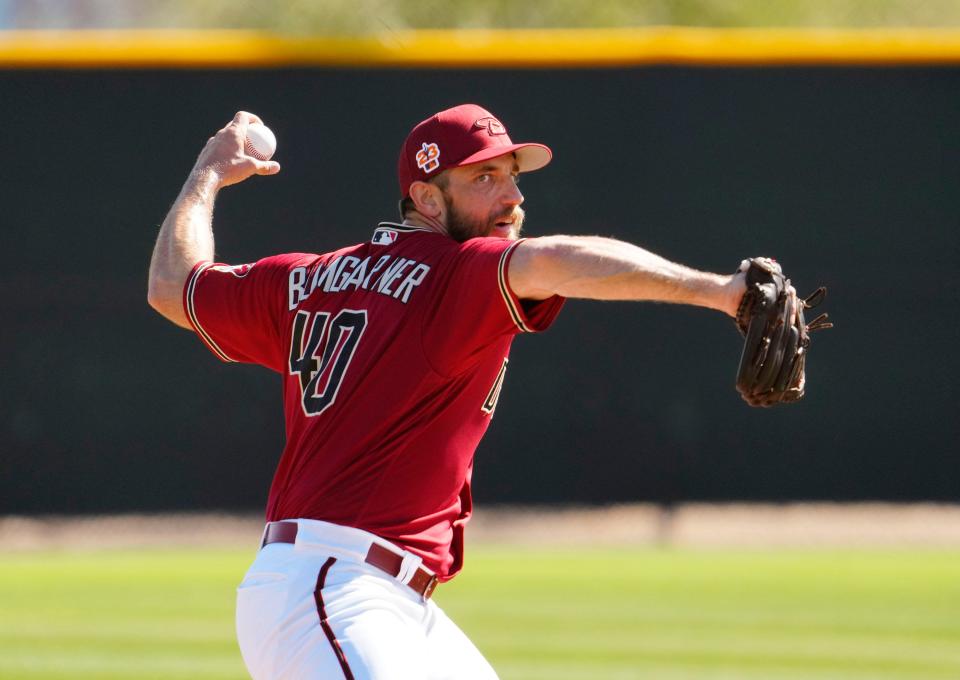 Arizona Diamondbacks pitcher Madison Bumgarner (40) live batting practice during spring training workouts at Salt River Fields in Scottsdale on Feb. 20, 2023.