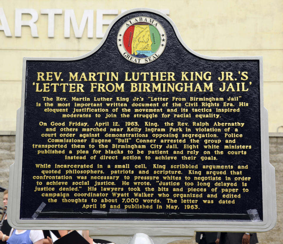 FILE - A historical marker commemorating Dr. Martin Luther King Jr. and his historic "Letter From Birmingham Jail" is seen after it was unveiled in Birmingham, Ala., Tuesday, April 16, 2013. (Joe Songer/AL.com/The Birmingham News via AP, File)