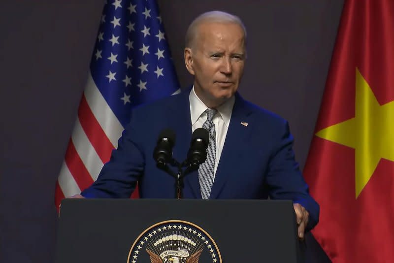 U.S. President Joe Biden addresses a press conference in Hanoi on Sunday, the first day of a visit to Vietnam. Photo courtesy of the White House/UPI
