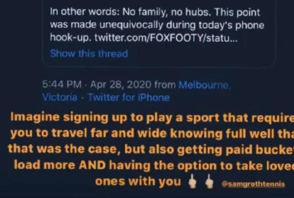 Seen here, Eva Mumford's savage final message for tennis player Sam Groth.