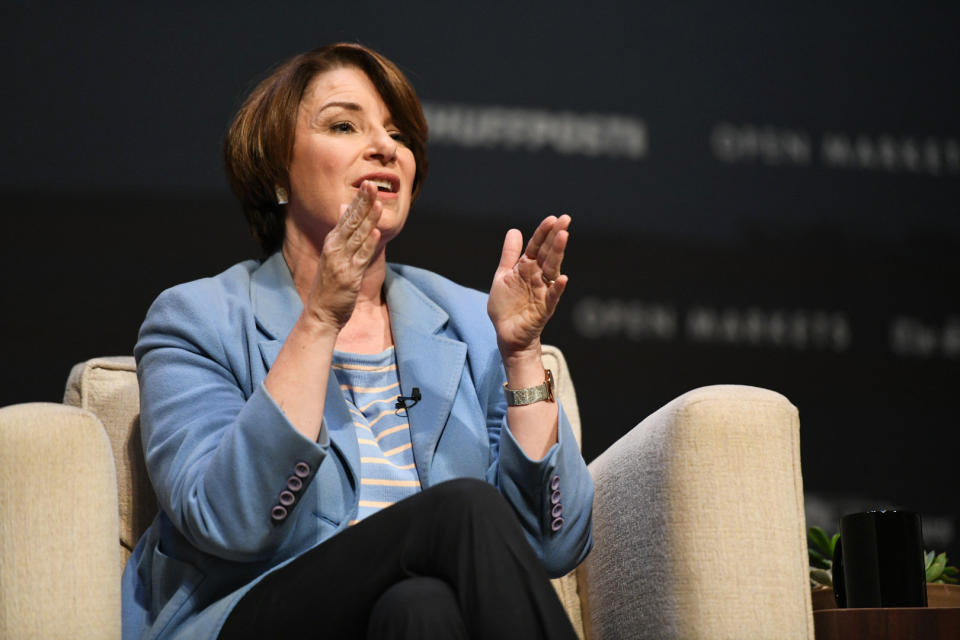 Sen. Amy Klobuchar (Minn.) speaks at the HuffPost Heartland Forum in Storm Lake, Iowa.