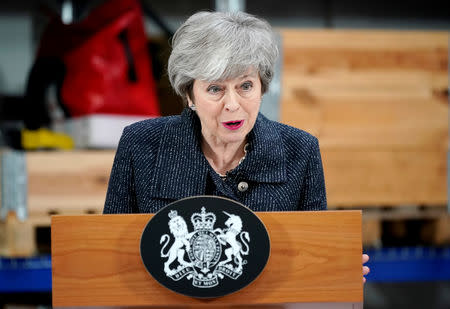 British Prime Minister Theresa May delivers a speech during her visit in Grimsby, Lincolnshire, Britain March 8, 2019. Christopher Furlong/Pool via REUTERS